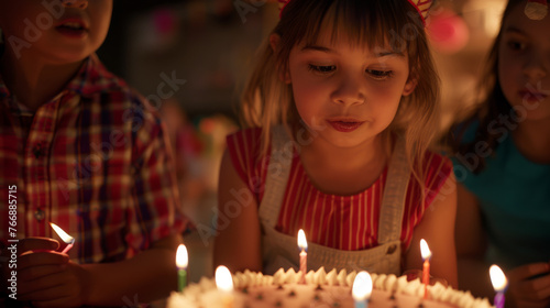 Three children gather around a birthday cake, one making a wish before blowing out the candles.