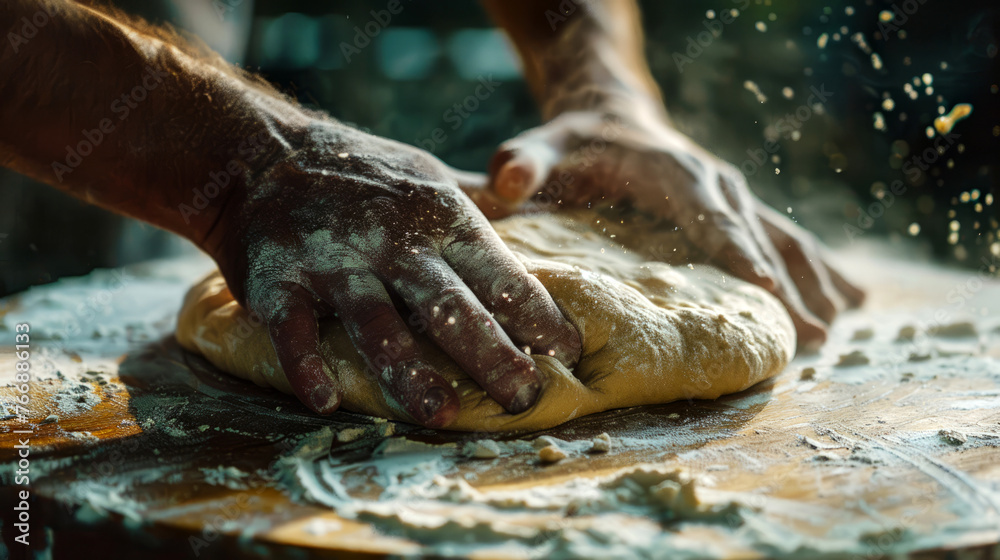 Fototapeta premium Close-up shots of the hands kneading and stretching pizza dough on a floured surface, 