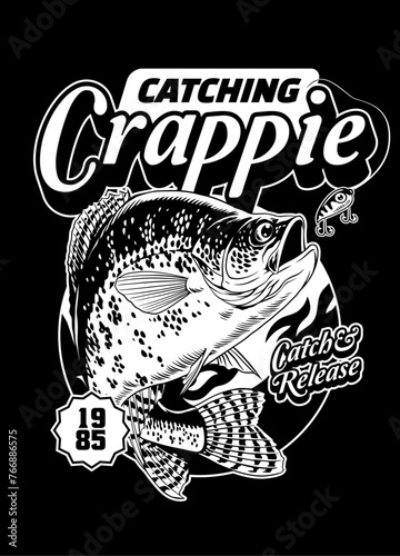 Catching Crappie Fish T-Shirt Design in Black and White Vintage Style