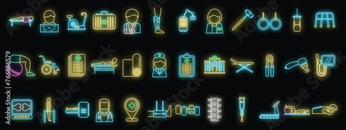 Physical therapist icons set outline vector. Woman disability. Handicapped assistance neon color on black