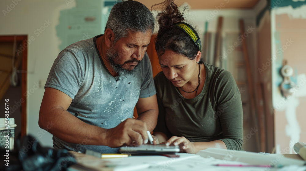A mentor reviews a blueprint with a young apprentice in a woodworking workshop. A mentor reviews a blueprint with a young apprentice in a woodworking workshop.
