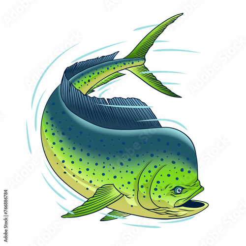 Dorado Fish in Fast Motion Hand Drawn Illustration