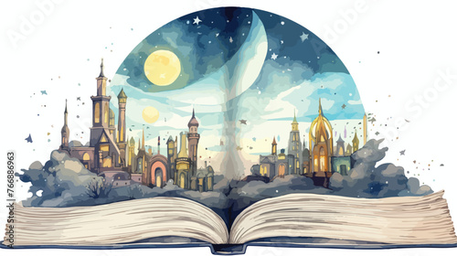 Fantasy sf open book with mystery cityscape and moon photo