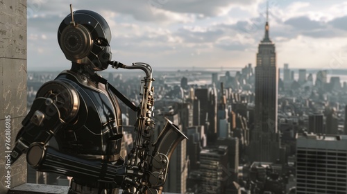 A modern robot plays the saxophone high above a bustling cityscape, with skyscrapers stretching into the distance.