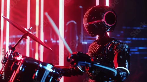 A high-tech robot drummer is immersed in playing at a dynamic concert with intense red neon lights and digital graphics.