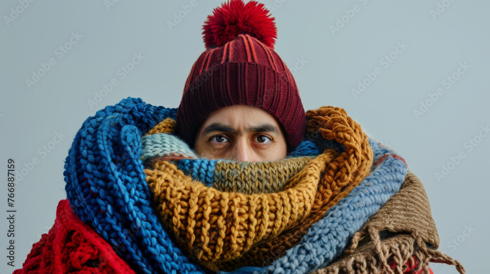 A person is enveloped in an array of chunky, colorful knitted scarves and wearing a red beanie. A person is enveloped in an array of chunky, colorful knitted scarves and wearing a red beanie.