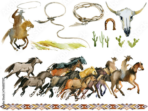 Set of western cowboy. Wild Horses, Mustang, Old rusty horseshoe, Bull skull, lasso rope . American rodeo season. Watercolor illustration (ID: 766887197)