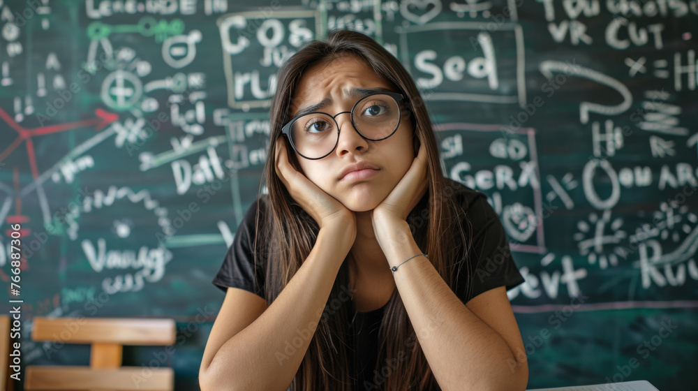 A thoughtful student rests her chin on her hands against a backdrop of complex equations on a chalkboard. A thoughtful student rests her chin on her hands against a backdrop of complex equations on a chalkboard.
