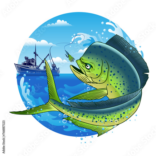 Fishing Boat Catching Dorado  Fish Jumping Out of  Water