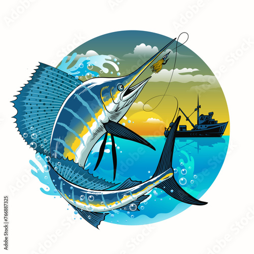 Fishing Boat Catching Sailfish Colored Vintage