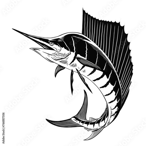 Jumping Big Sailfish Black and White Illustration