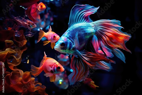 Captivating beauty of underwater world: fish shimmering in multicolored light