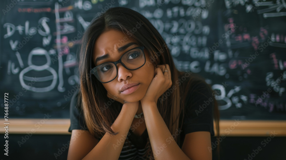A thoughtful student rests her chin on her hands against a backdrop of complex equations on a chalkboard. A thoughtful student rests her chin on her hands against a backdrop of complex equations on a chalkboard.