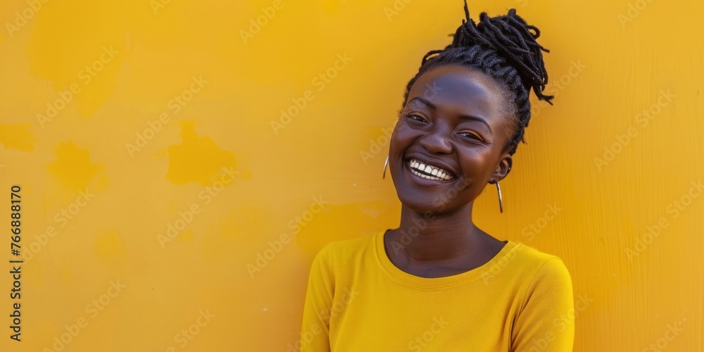 Radiant African Woman with Bright Smile - obrazy, fototapety, plakaty 