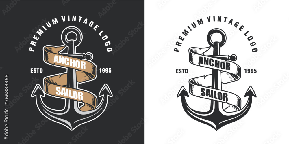 Anchor with ribbon vintage badge logo vector graphic template - obrazy, fototapety, plakaty 