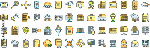 Customer database icons set outline vector. Company advertising. Business service thin line color flat isolated