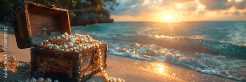 Treasure chest with pearl necklace on sand beach,
Treasure chest on the sand near the sea at sunset Vintage style An open treasure chest full of gold and jewelry on the beach photo