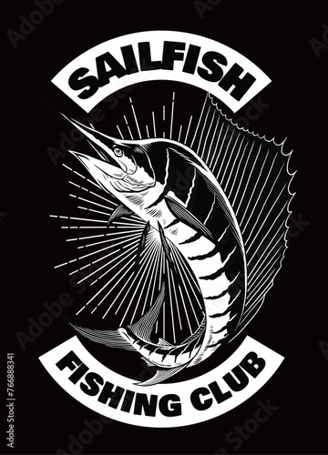 Sailfish T-Shirt Design Vintage in Black and White