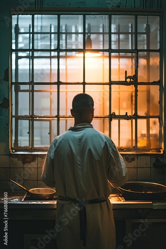 A person in prison learns to cook, focused and facing the window. 🍳🔒 #CookingBehindBars