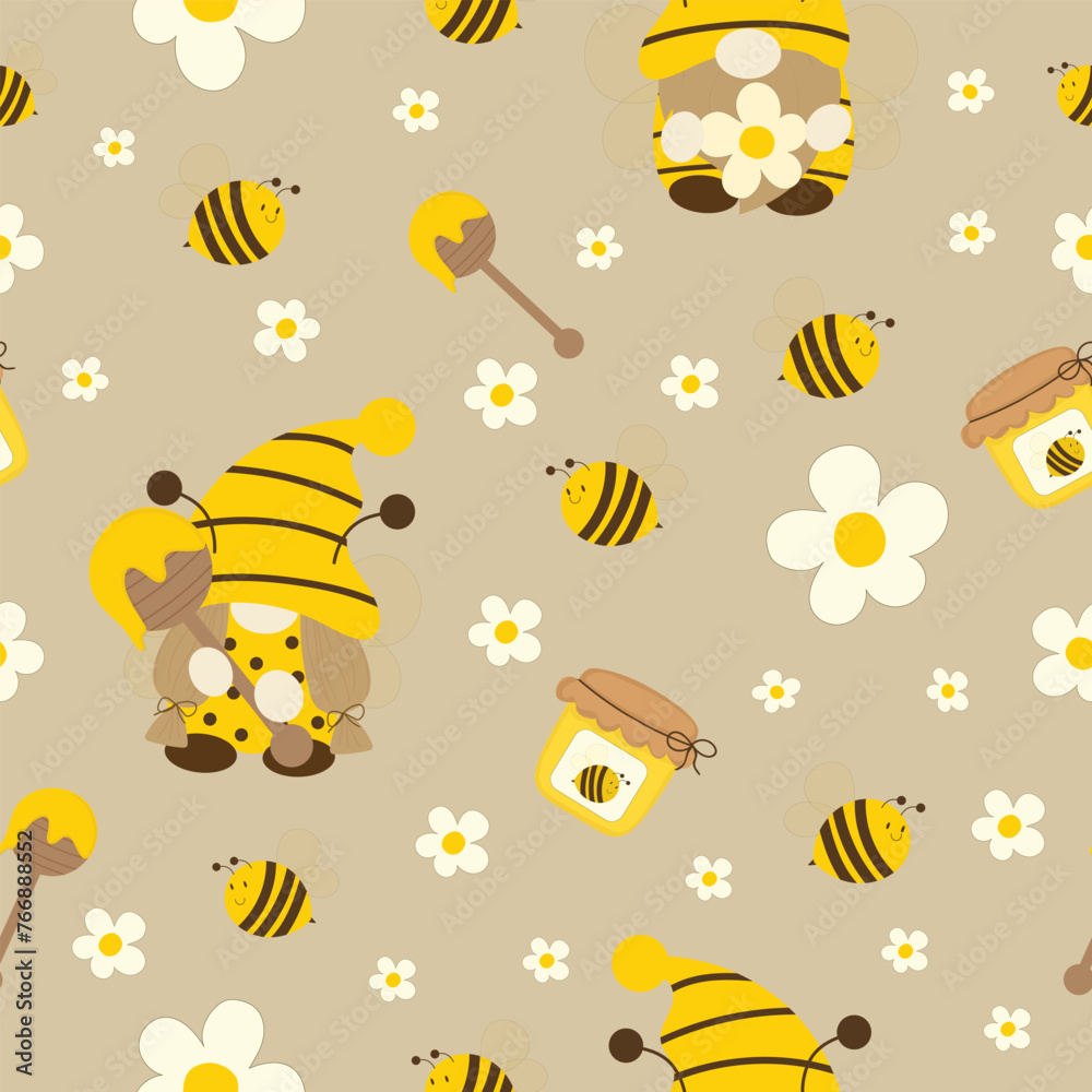 cute bee gnomes with honey hand drawn seamless pattern vector ...