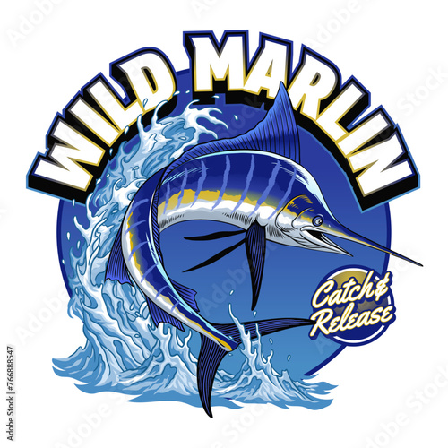 T-Shirt Design of Marlin Fish in Colored Vintage Style