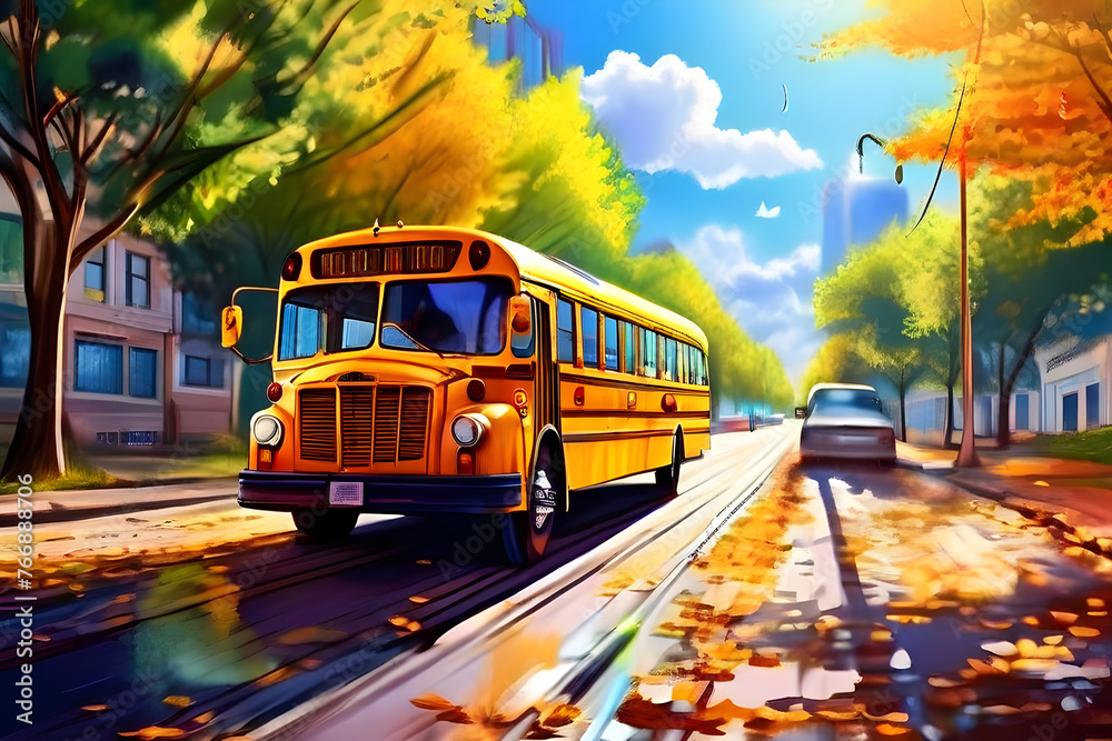 Obraz premium School Bus driving on the urban road with students and kids for education activity public transportation system
