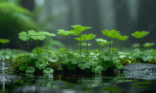 Green plants and flowers in the rain
