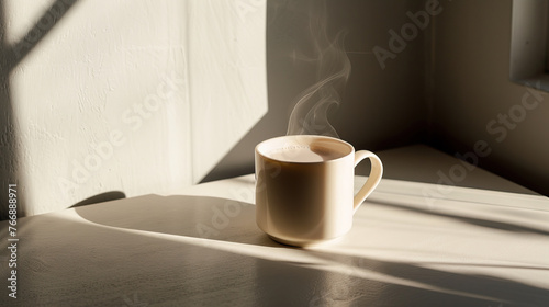 Modern mug of tea with with steam rising, minimalist table, sustainable cafe with stucco cement walls, isolated shot, sunny, bright but soft light, clear sky, shadowplay