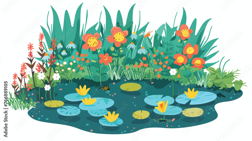 Floral Garden with Pond flat vector 
