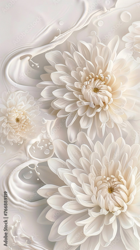 White chrysanthemum in fluid liquid, spring natural flowers illustration background White chrysanthemum in fluid liquid, spring natural flowers illustration background