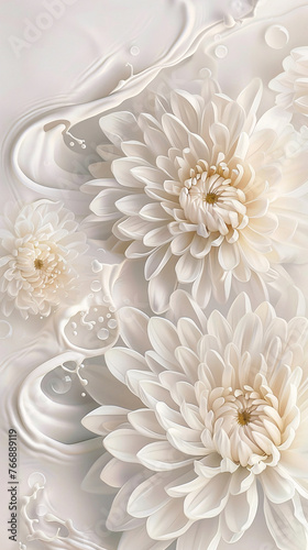 White chrysanthemum in fluid liquid, spring natural flowers illustration background © lin