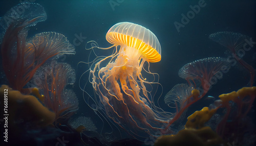 Beautiful colorful aquarium jellyfish, transparent isolated fish. Underwater sea life, close-up. Generative AI