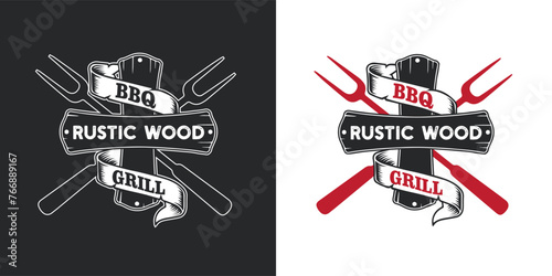 Rustic wood ribbon barbeque BBQ grill logo vector graphic illustration