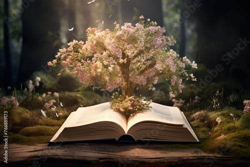 Open book with a blossoming tree, whimsical nature setting..Educational materials, reading inspiration, art and design..AI Generated. © Mariana