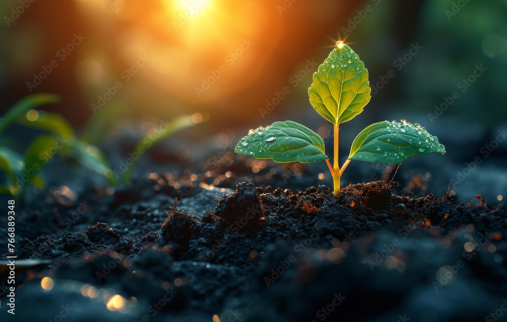 Young plant growing in the morning light and dew on the leaves Young plant growing in the morning light and dew on the leaves