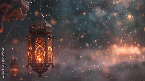 A surreal AI depiction of a traditional lantern suspended in a cosmic void, with the words "Ramadan Mubarak" seamlessly blending into the celestial background, creating an otherworldly