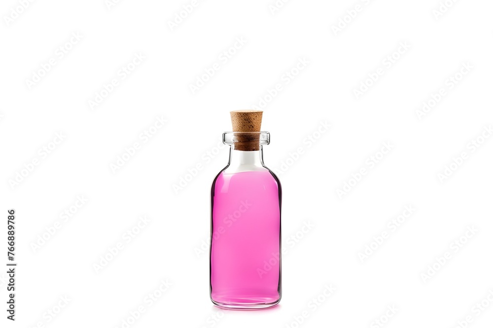 Glass bottle with pink liquid on a white background