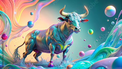 3d render abstract pastel colors background with black ox. Bright abstract background. Flow of multi-colored paint with bubbles and lumps. Multi colored liquid.