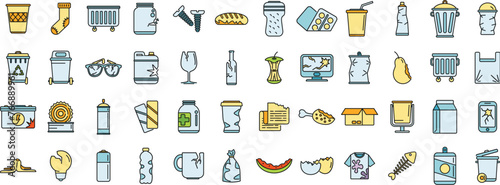 Waste icons set outline vector. Garbage food. Fresh plastic thin line color flat isolated
