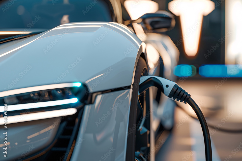 Electric vehicle charging scene, new energy vehicle tram future technology concept illustration