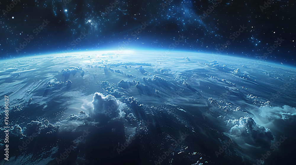 Fototapeta premium Beautiful scene looking down at the Earth from space, blue technological earth against the background of the universe