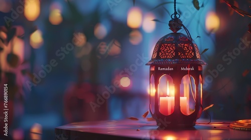 An ethereal AI-generated scene showcasing a simplified traditional lantern, adorned with the greeting "Ramadan Mubarak" in bold letters on the side, harmonizing with the minimalist aesthetic.