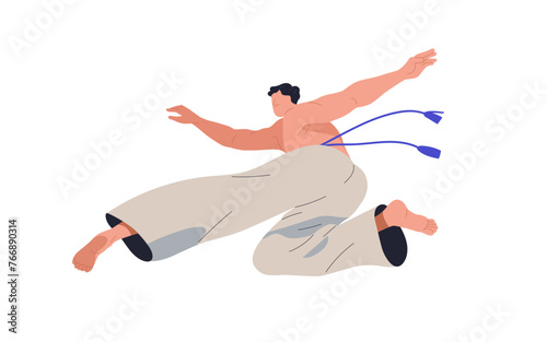 Capoeira fighter during dance fighting trick. Man athlete of latin capoeria martial art, African-Brazilian game. Person kicking, attacking pose. Flat vector illustration isolated on white background