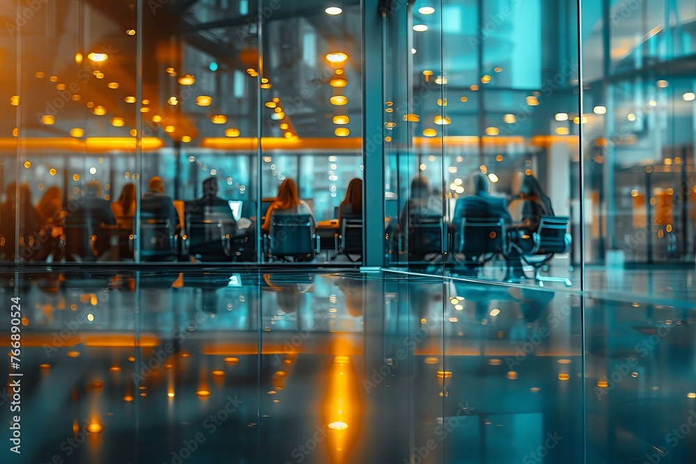 Blurred Group of business people having a meeting or brainstorming in a boardroom, glass partitions, Generative AI