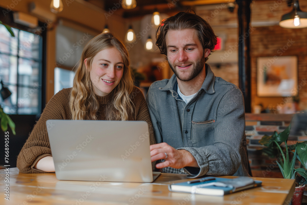A man and woman sitting at a table with a laptop, looking over paperwork and smiling. A man and woman sitting at a table with a laptop, looking over paperwork and smiling.