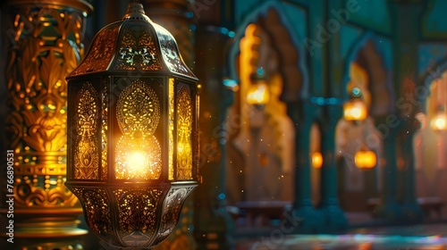 An enchanting image featuring a glowing lantern amidst ornate Islamic designs, symbolizing the spirituality and joy of Ramadan.