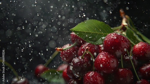 Fresh Wet Cherries on Dark Background