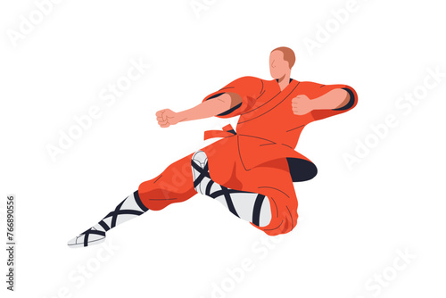 Wushu fighter. Chinese kung-fu, traditional martial art. Asian wrestler kicking in fight pose, attacking stance, action position, posture. Flat vector illustration isolated on white background