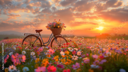 A bicycle with a basket of flowers is parked in a field of flowers during sunset © Anek