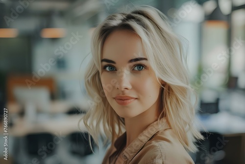 Portrait of a blonde woman in an office setting exuding professionalism and confidence. Concept Professional Photoshoot, Office Setting, Blonde Woman, Confidence Portrait, Professionalism Profile
